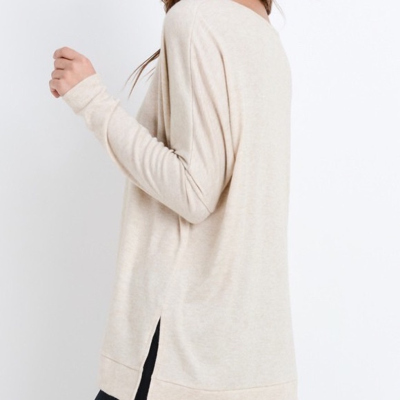 Hacci Brushed Soft VNeck Side Slit Oatmeal Tunic - Picture 2 of 9